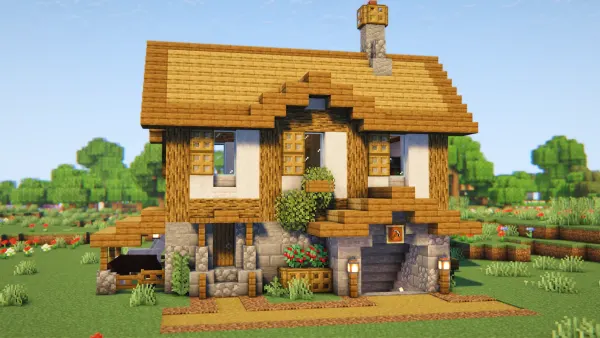 Medieval Pale Oak House, a Minecraft starter house and survival base