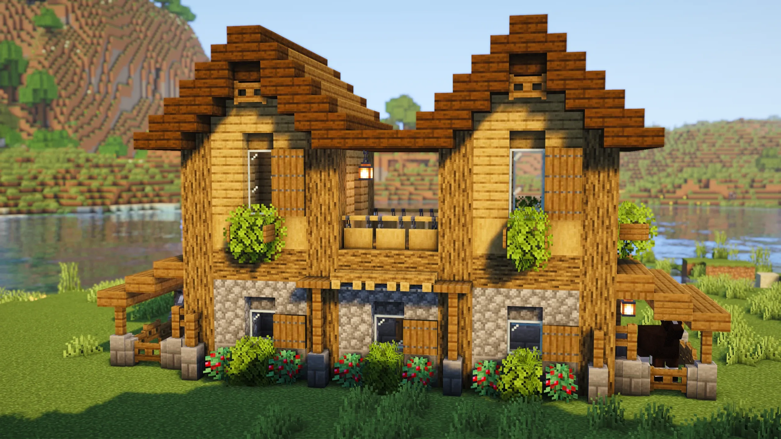Oak Twin Gable Lodge, a Minecraft starter house and survival base, in-game photo 4